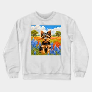 Yorkshire Terrier Puppy in Texas Wildflower Field Crewneck Sweatshirt